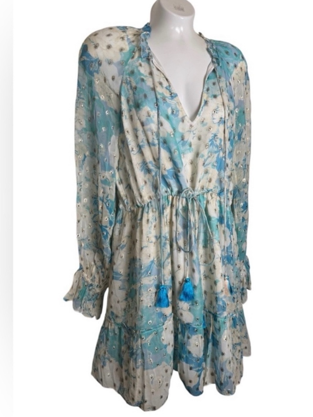 HEMANT & NANDITA Pastel Blue and Cream Floral Chiffon Dress